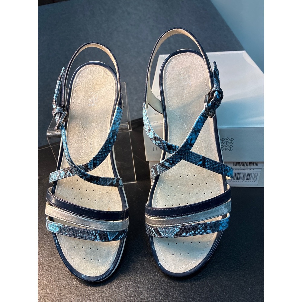 Geox Respira Sandal Vega Denim Navy Snakeskin Metallic Flat Sandal 37 Sz 7